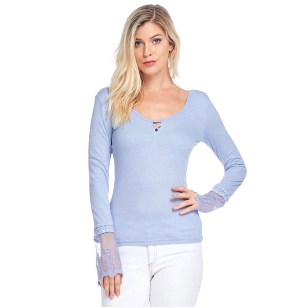 NWT Pale Blue Lace Bell Sleeve Top | Coastal Grandmother Angelcore Coquette Boho